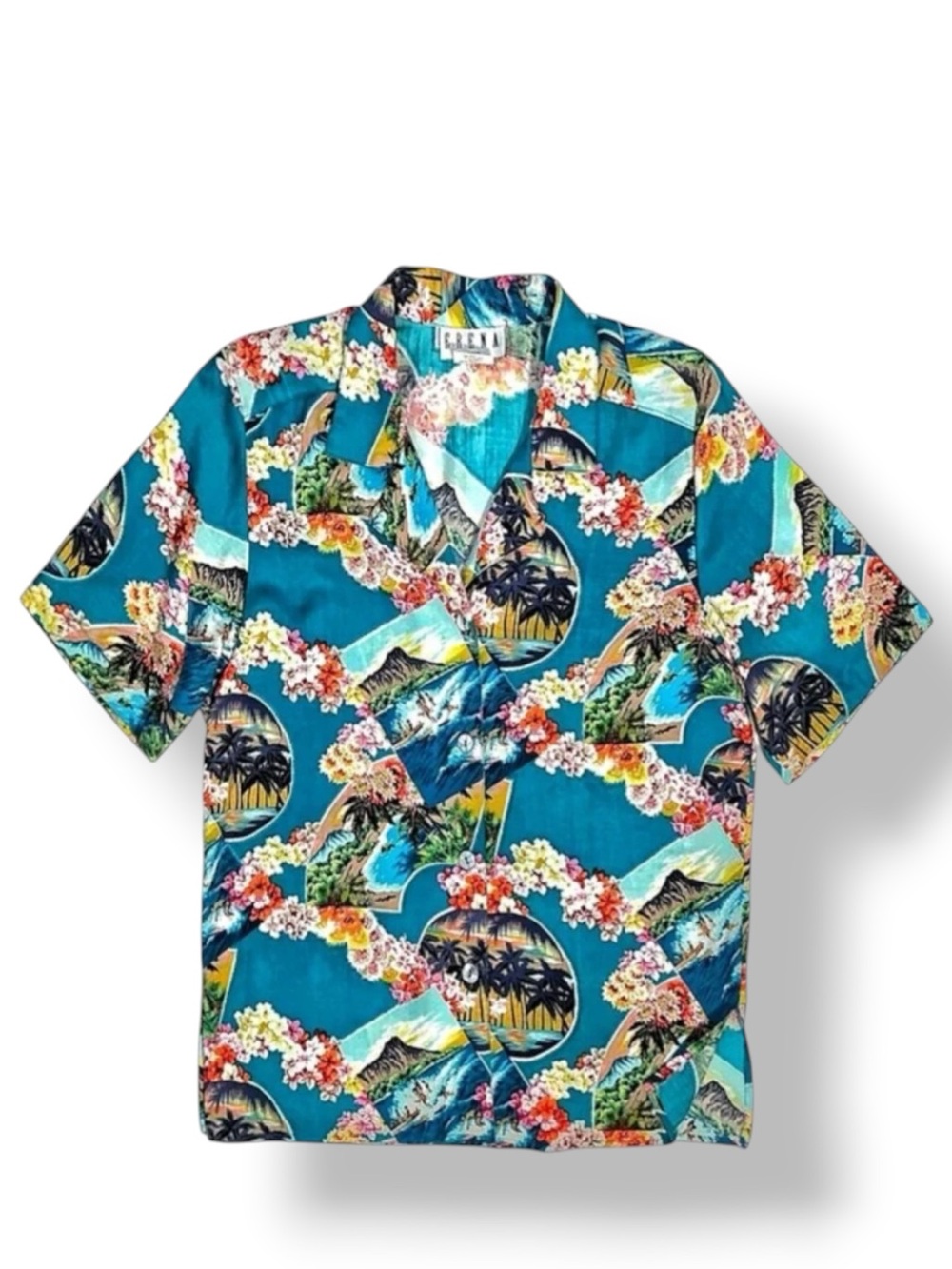 Erena Hawaiian Aloha Vintage Shirt Women Tropical Button up Teal Petite Medium